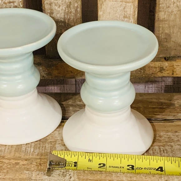 Set of 2 Aqua Blue & White Pedestal Risers Candle Holders - Picture 3 of 5